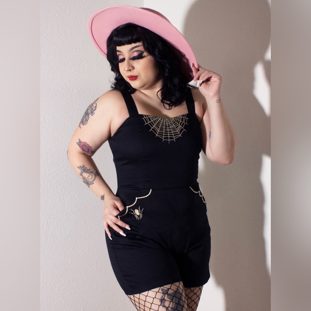 Unique Vintage Black Romper with Gold Spiderweb Embroidery